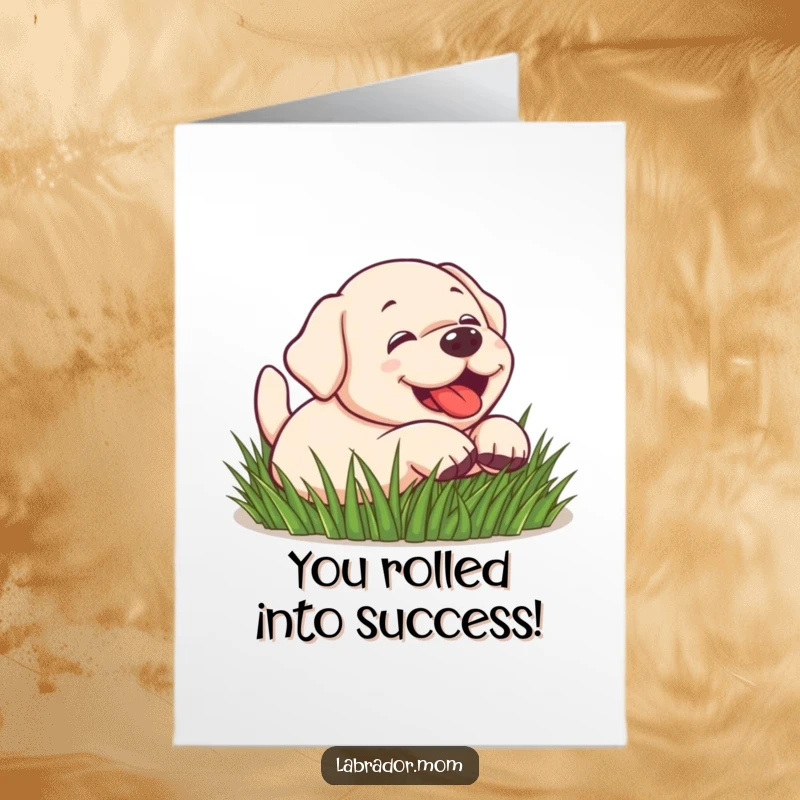 Funny Free Printable Playful Lab Congrats Card: Cute kawaii labrador rolling in grass, expressing pure happiness.