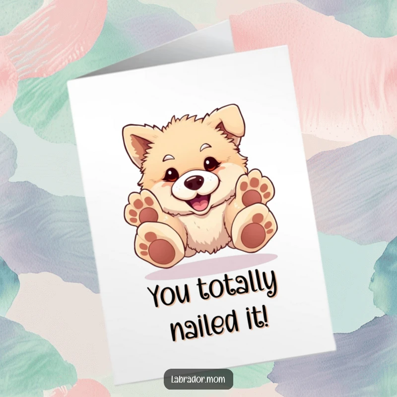 Funny Free Printable Congratulations Card: A fluffy dog with very large paws playfully pounces forward excitedly.