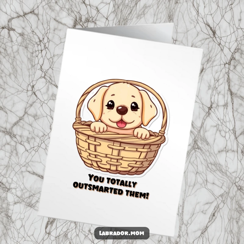 Funny free printable congratulations card showing a kawaii labrador with a mischievous glint, peeking playfully from a basket.