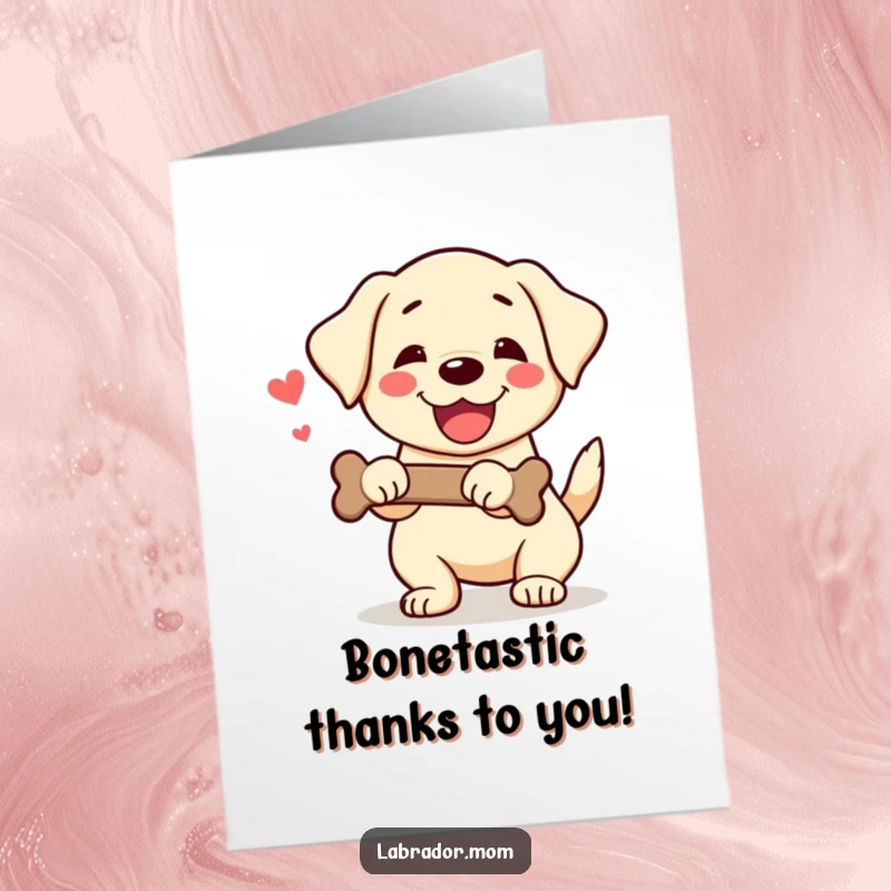 Funny Free Printable thank you card featuring a kawaii labrador enthusiastically wagging its tail while holding a bone, offering a happy thanks.