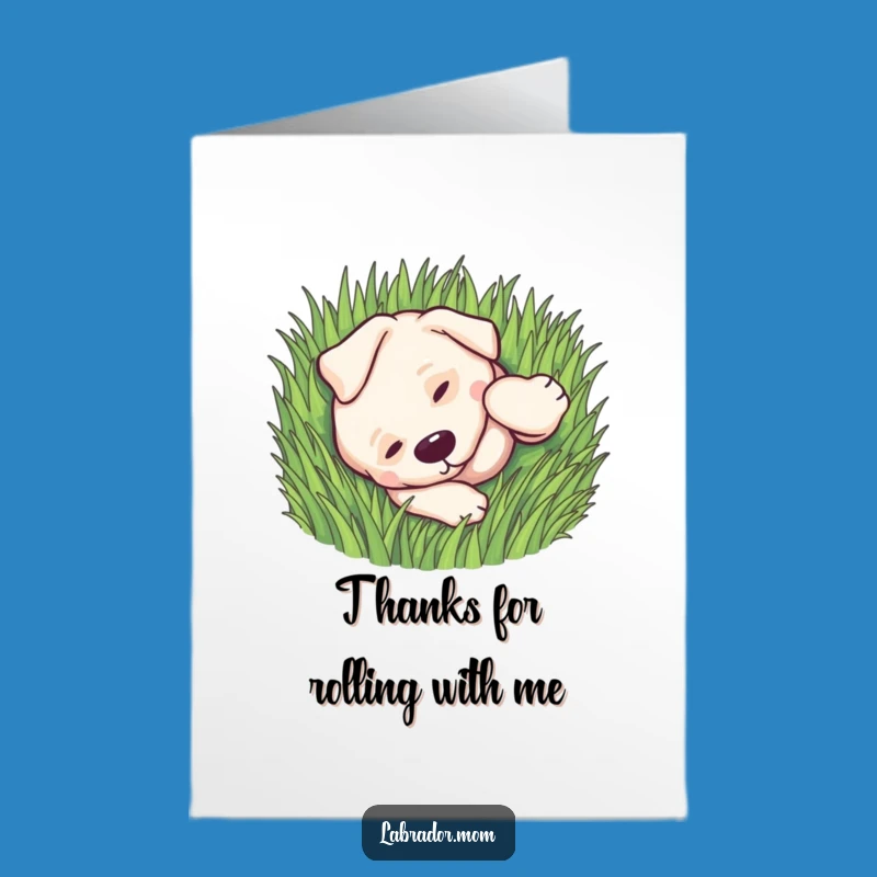 Free Printable Kawaii Dog Thank You Card: Playful Rolling Labrador Gratitude Downloadable Gift