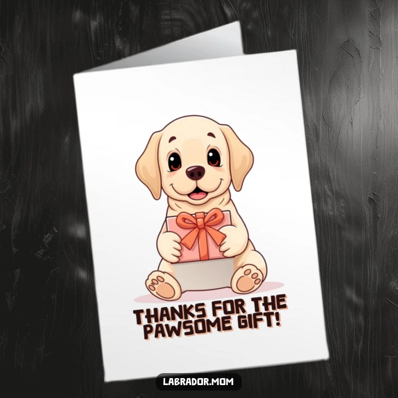 Funny Free Printable Thank You Card: A Labrador dog presenting a perfectly wrapped gift, conveying sincere thanks with warmth and a smile.