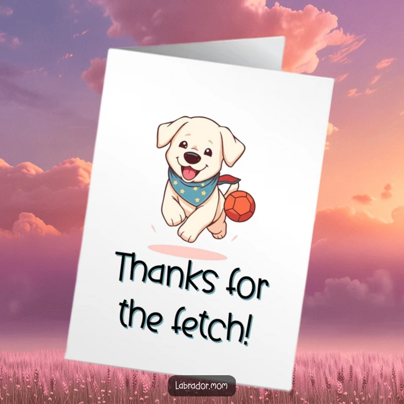 Funny free printable thank you card: Energetic kawaii labrador in a bandana happily runs with a ball, showing thanks.