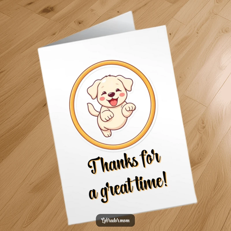Funny Free Printable Thank You Card: A cute kawaii Labrador dog leaping through a hoop with a thankful expression.
