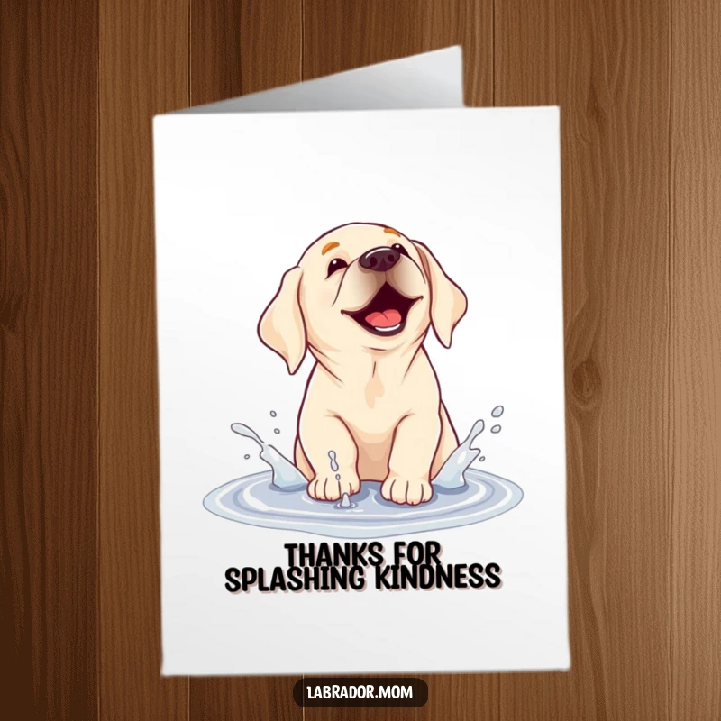 Funny Free Printable Thank You Card: A Labrador mid-splash in a puddle, sending water flying. Adorable wet dog art.