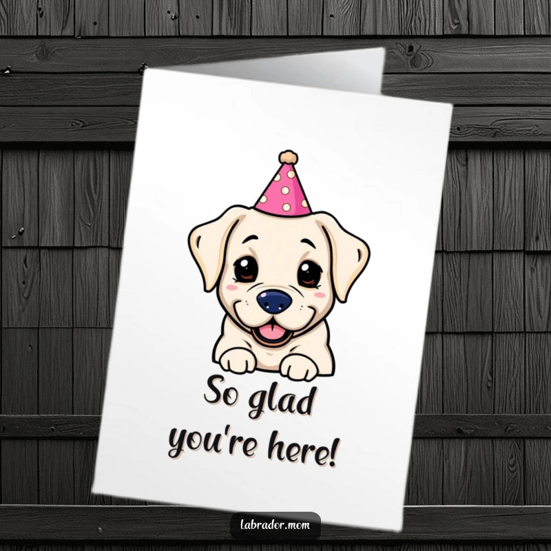 Funny Free Printable Thank You Card: A kawaii labrador peeking out from a hilariously silly party hat, expressing thanks.