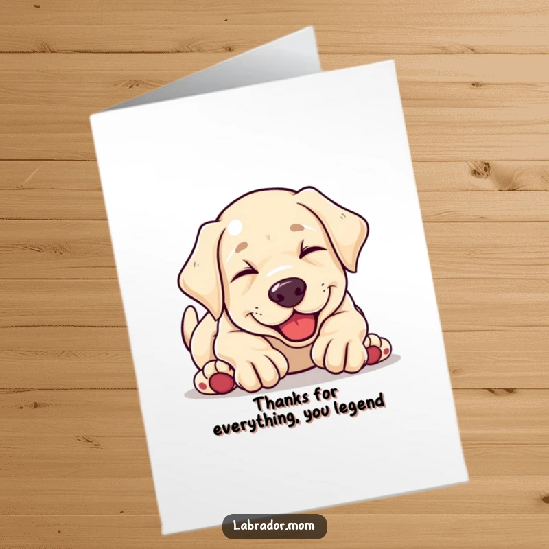 Funny free printable thank you card: a sweet kawaii Labrador puppy tumbling head over paws, expressing thanks with adorable glee.
