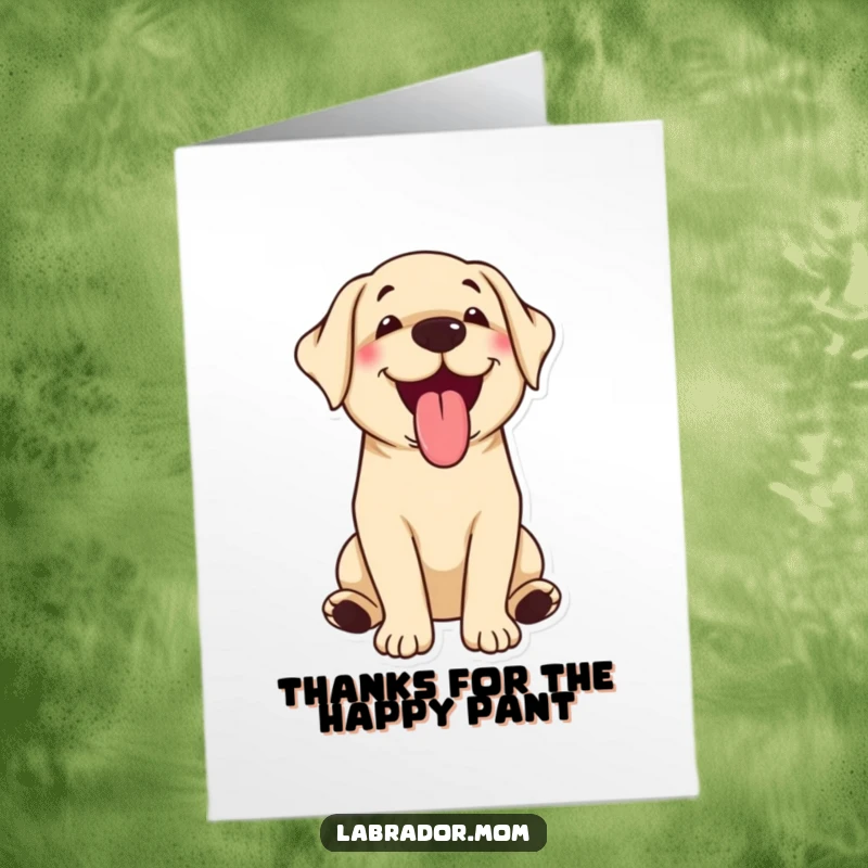 Funny Free Printable Thank You Card: A cute kawaii labrador pants happily, tongue out, conveying warm thanks and excitement.
