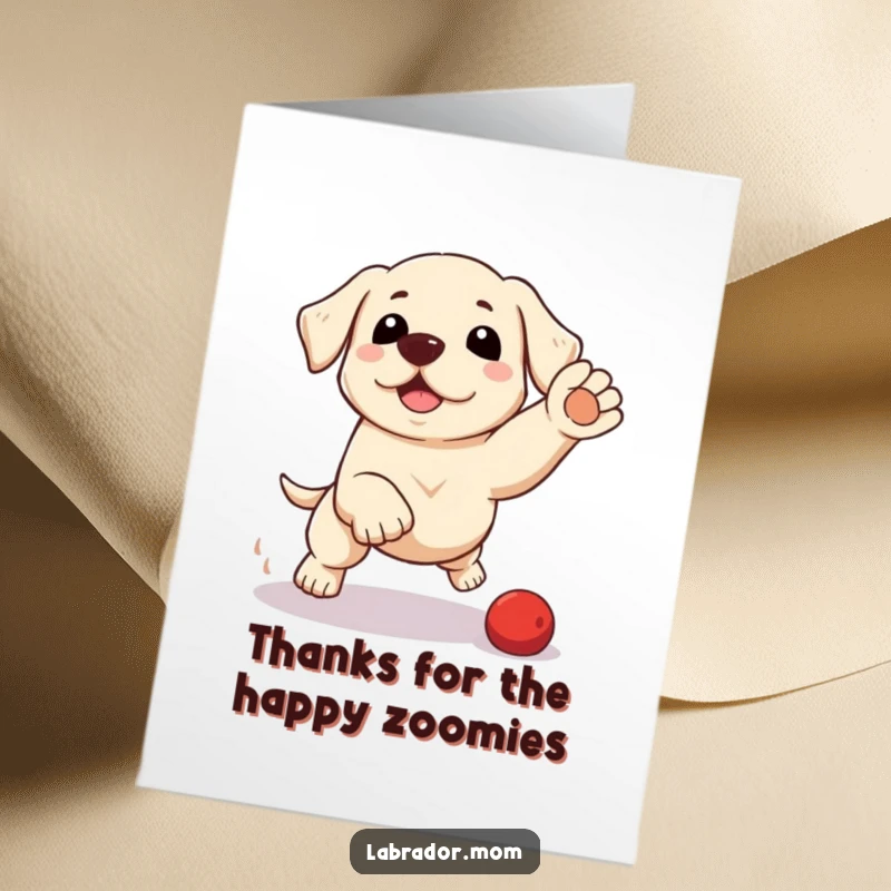 Funny free printable thank you card with a kawaii labrador playfully pouncing, conveying enthusiastic appreciation.