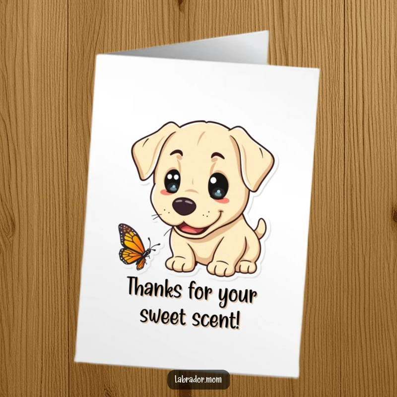 Funny Free Printable Thank You Card: Kawaii Labrador with wide, curious eyes gently sniffs a colorful butterfly.