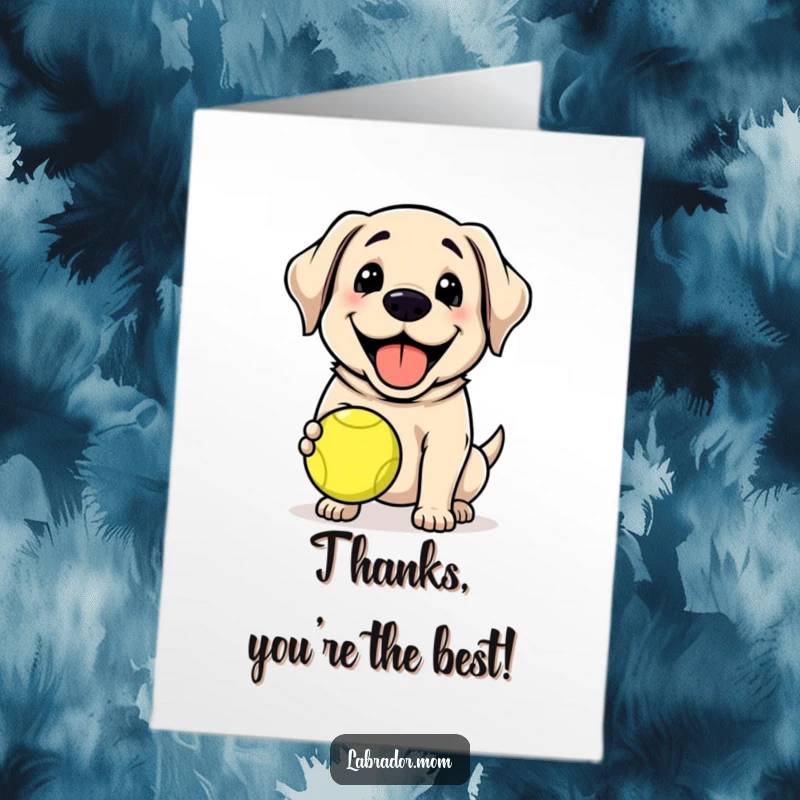 Funny Free Printable Happy Lab Thank You Card: Kawaii labrador with a wide grin holds a tennis ball, expressing thanks.