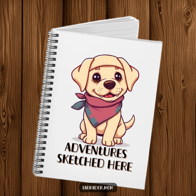 Funny Labrador dog wearing a bandanna, looking adventurous and ready to write on a spiral notebook.