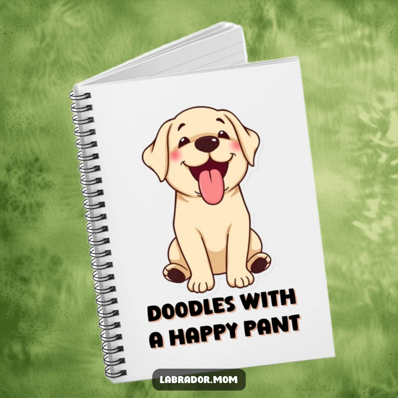Funny kawaii Labrador happily panting with tongue out on a notebook cover, perfect for writing.