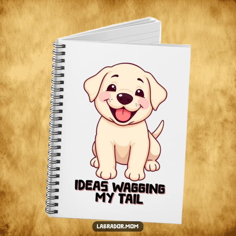 Funny smiling Labrador cub panting happily with a wagging tail on a notebook cover, perfect for journaling.