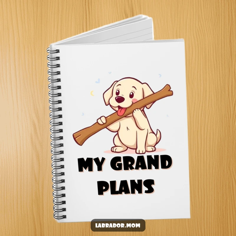 Funny kawaii Labrador happily fetching a comically large stick with a wide smile, a humorous notebook for all your important notes.