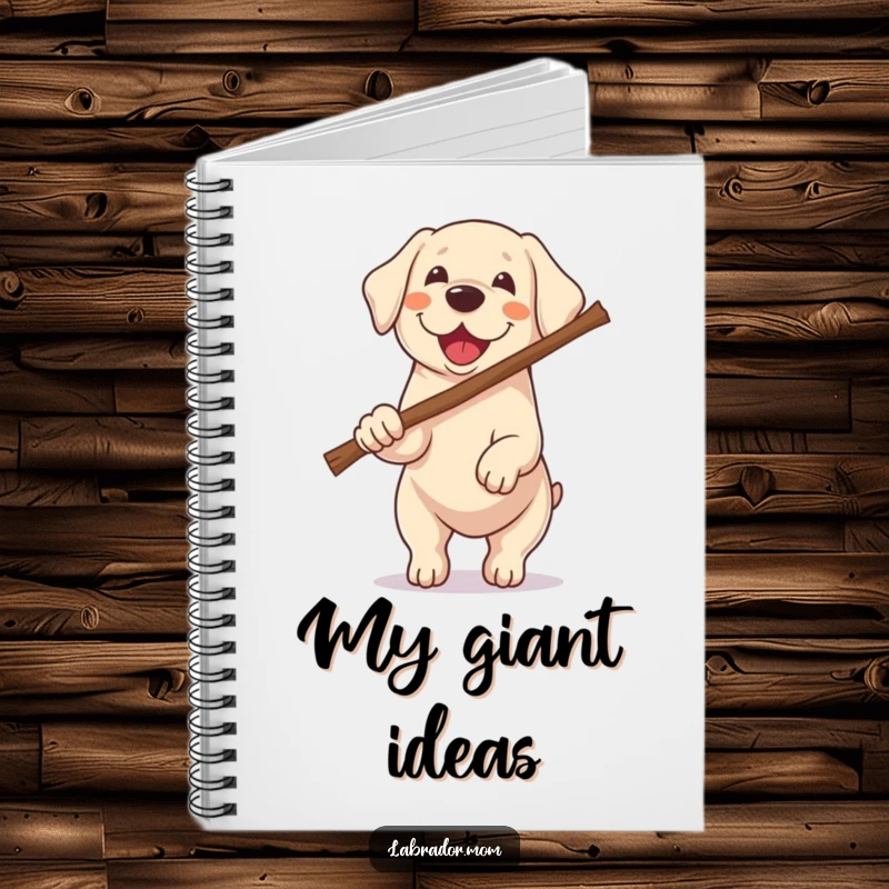 Funny Kawaii Labrador notebook depicting a dog carrying a stick twice its size, perfect for jotting down ambitious thoughts humorously.