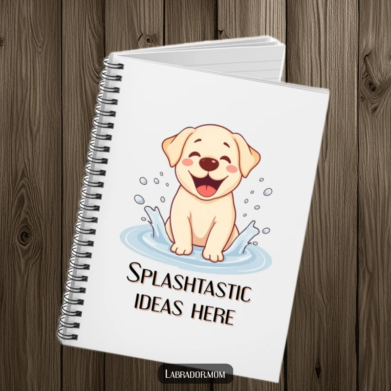 Funny Kawaii Labrador notebook, open and ready for writing, featuring a happy dog splashing in a puddle on the cover.