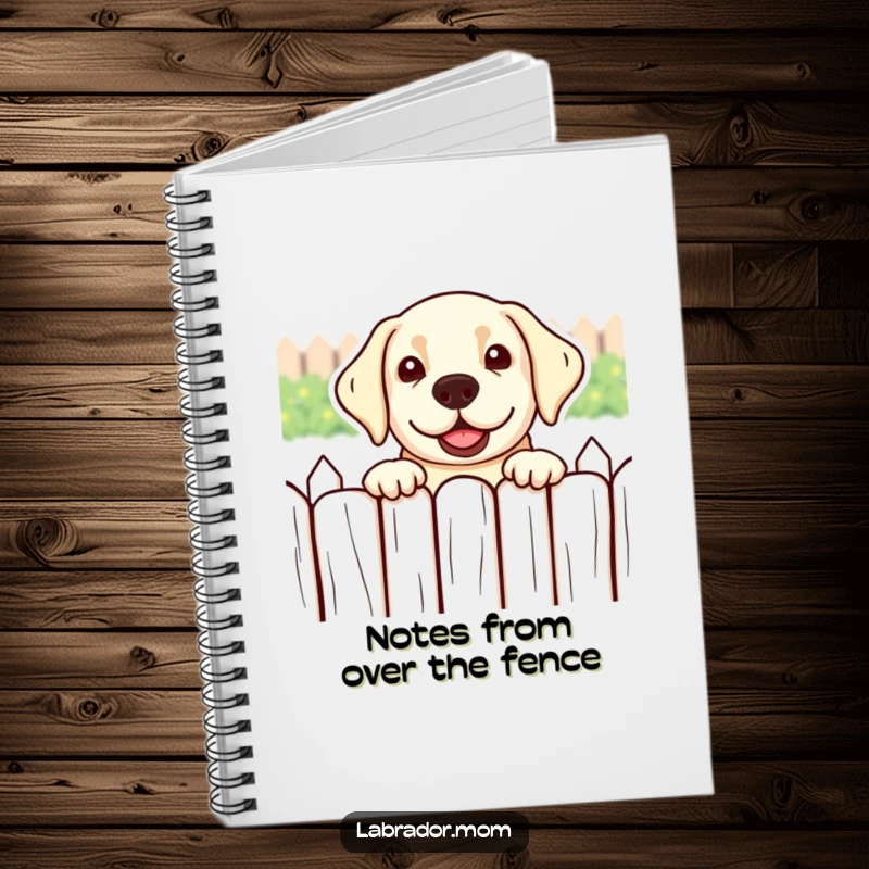 Funny kawaii Labrador peeking over a fence with a playful expression on a notebook cover.