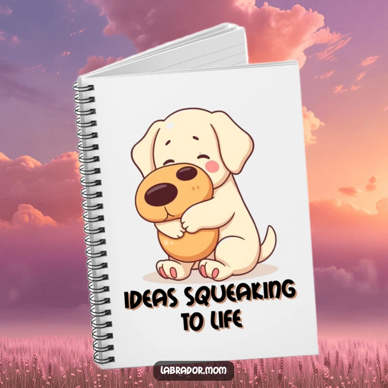 Funny kawaii Labrador hugging a giant squeaky toy on a notebook cover, perfect for writing and drawing.