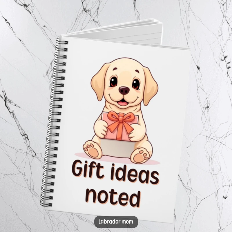 Funny Labrador notebook featuring a dog presenting a perfectly wrapped gift, perfect for journaling, a funny gift.