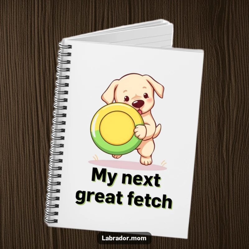 Funny Labrador puppy notebook cover, a cute cub fetching a colorful Frisbee, perfect for writing.