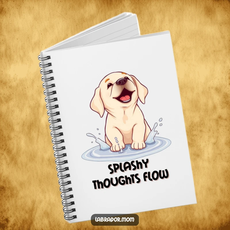 Funny notebook cover showing a labrador dog joyfully splashing in a puddle, perfect for jotting down messy thoughts and fun ideas.