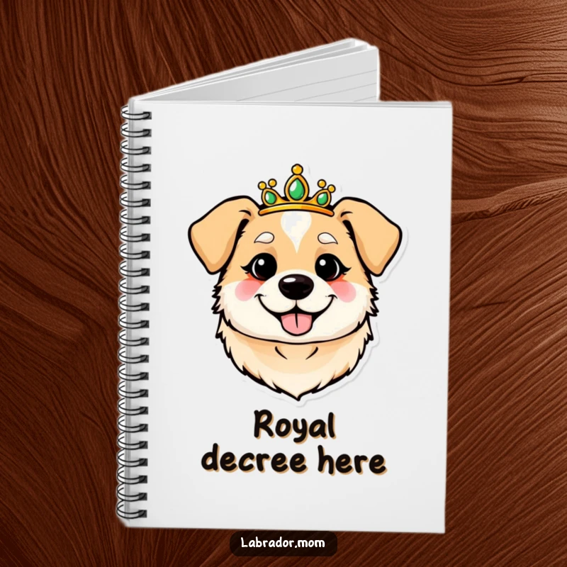 Funny, round, cheerful dog head wearing a tiara on the cover of a notebook. Great for jotting regal thoughts.