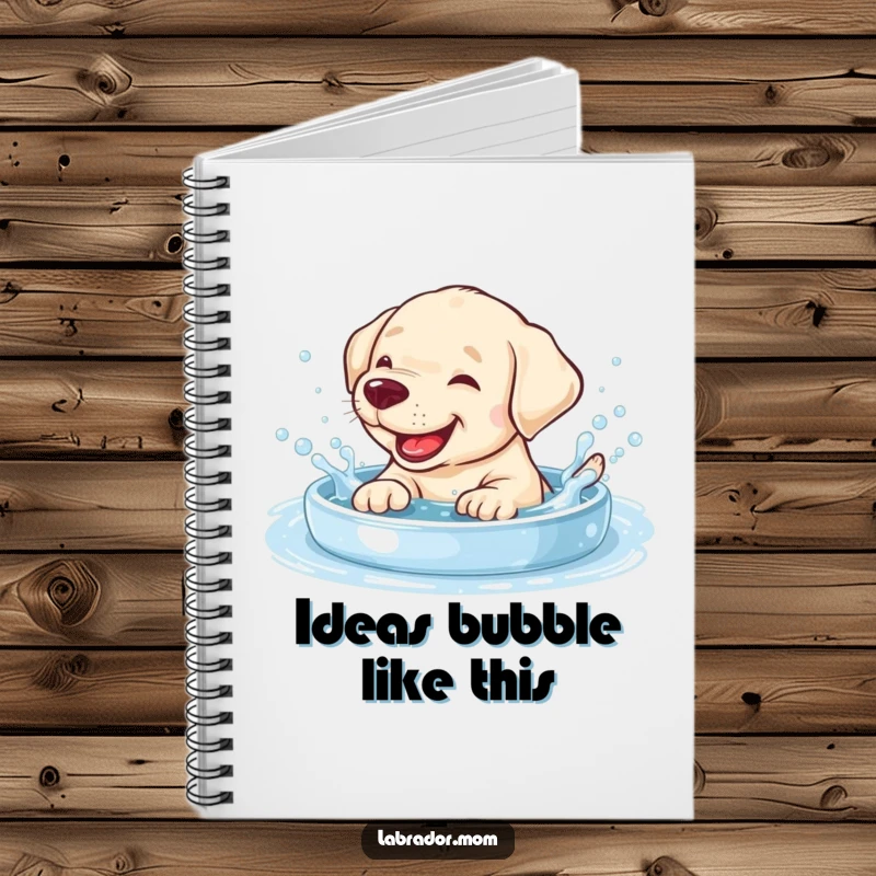 Funny giggling Labrador cub splashing in a bubbly pool on a notebook cover, perfect for capturing ideas.