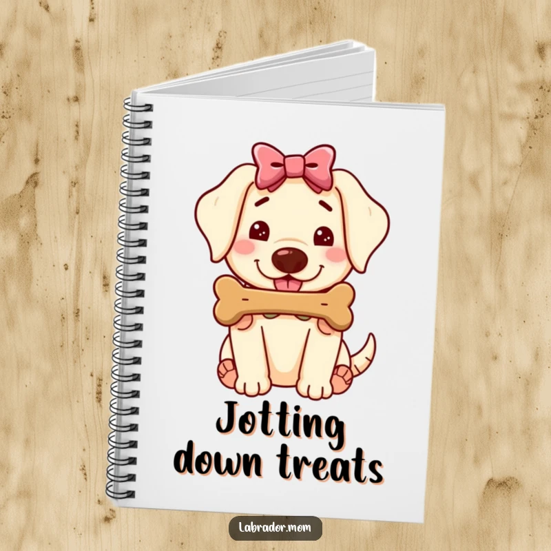 Funny Kawaii Labrador Notebook, cute dog with bow offering a juicy bone, perfect for notes, a humorous and kind gift.