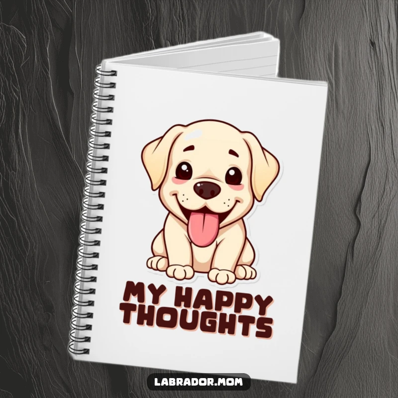 Funny kawaii Labrador notebook featuring a happy, panting dog with its tongue out, perfect for jotting down happy thoughts with hilarious flair.