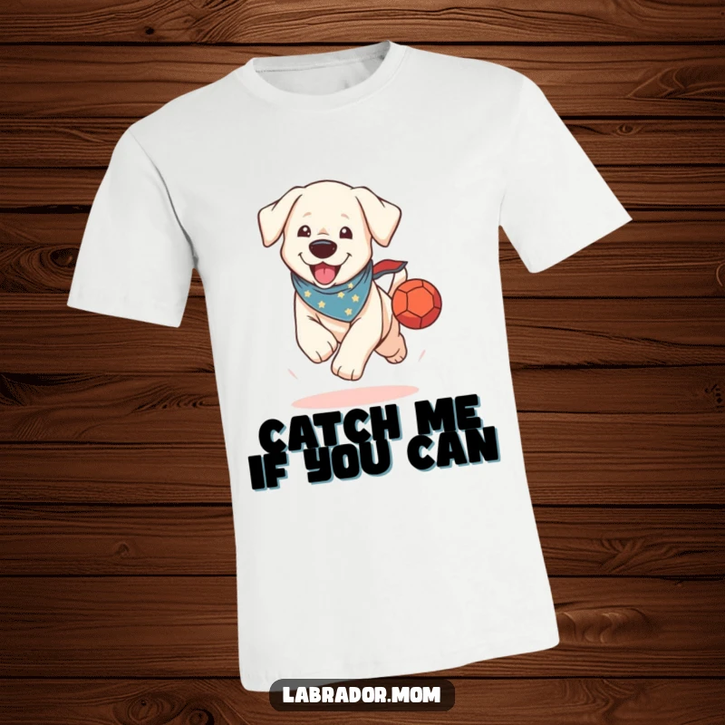 Funny T-Shirt: A happy kawaii Labrador wearing a bandana sprints forward, enthusiastically chasing a colorful ball.