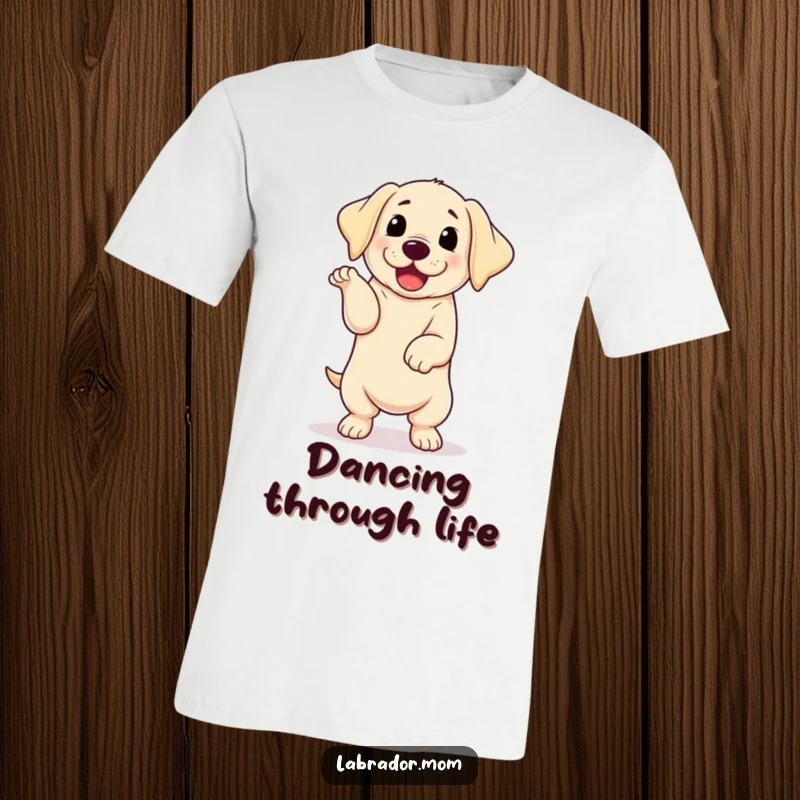 Funny kawaii Labrador with floppy ears doing an enthusiastic happy dance, a fun and humorous t-shirt.