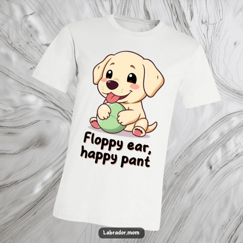 Funny Kawaii Labrador t-shirt, a happy dog panting contentedly with a floppy ear, holding a ball, radiating joy.