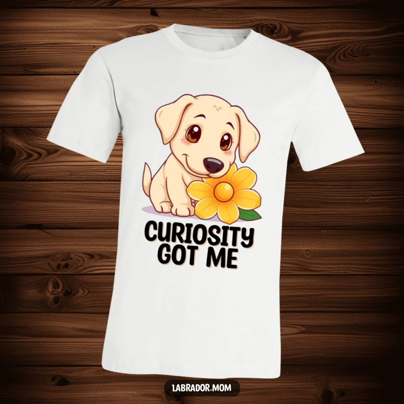 Funny T-Shirt depicting a playful Labrador with large, curious eyes gently sniffing a giant flower, full of innocent wonder.