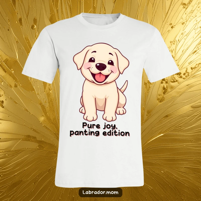 Funny smiling Labrador cub panting happily with a wagging tail on a comfortable t-shirt, great for casual wear.