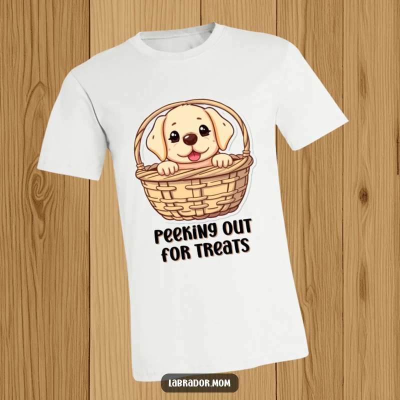 Funny kawaii Labrador t-shirt with a cute dog peeking from a basket with a mischievous glint, expressing playful secrecy for humorous appeal.