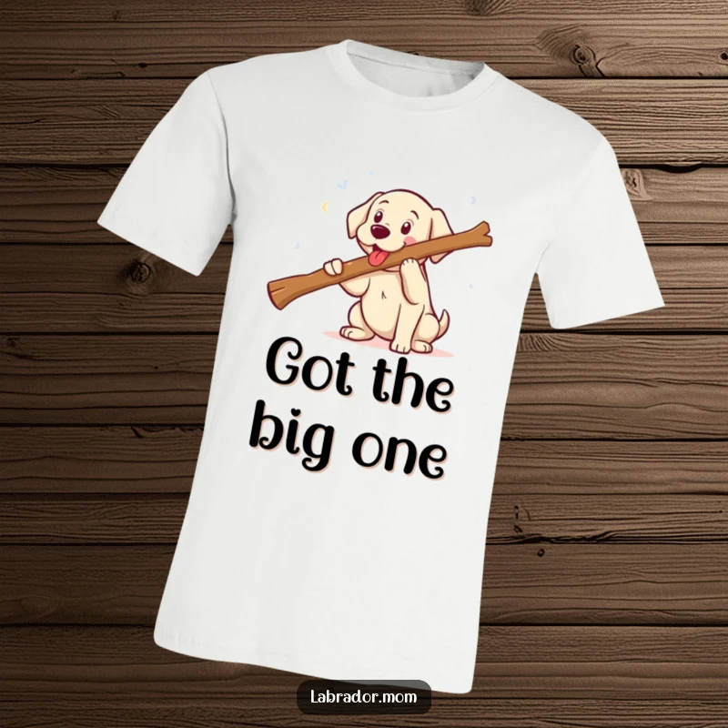 Funny kawaii Labrador with a giant smile fetching an oversized stick, a humorous and eye-catching t-shirt.