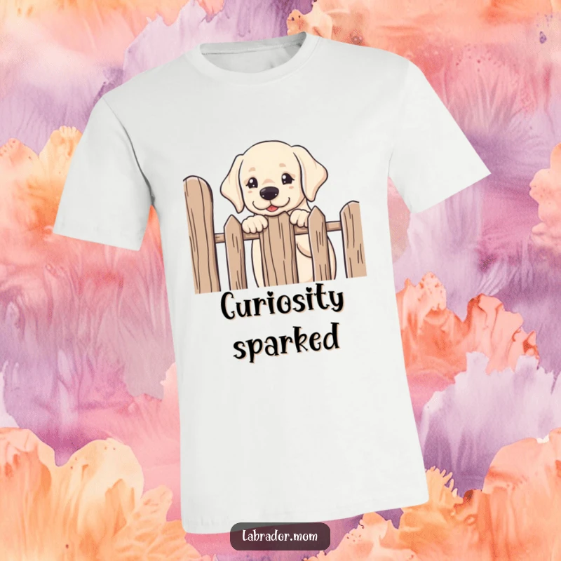 Funny kawaii Labrador peeking over a fence with a curious and friendly expression, a humorous and endearing t-shirt.