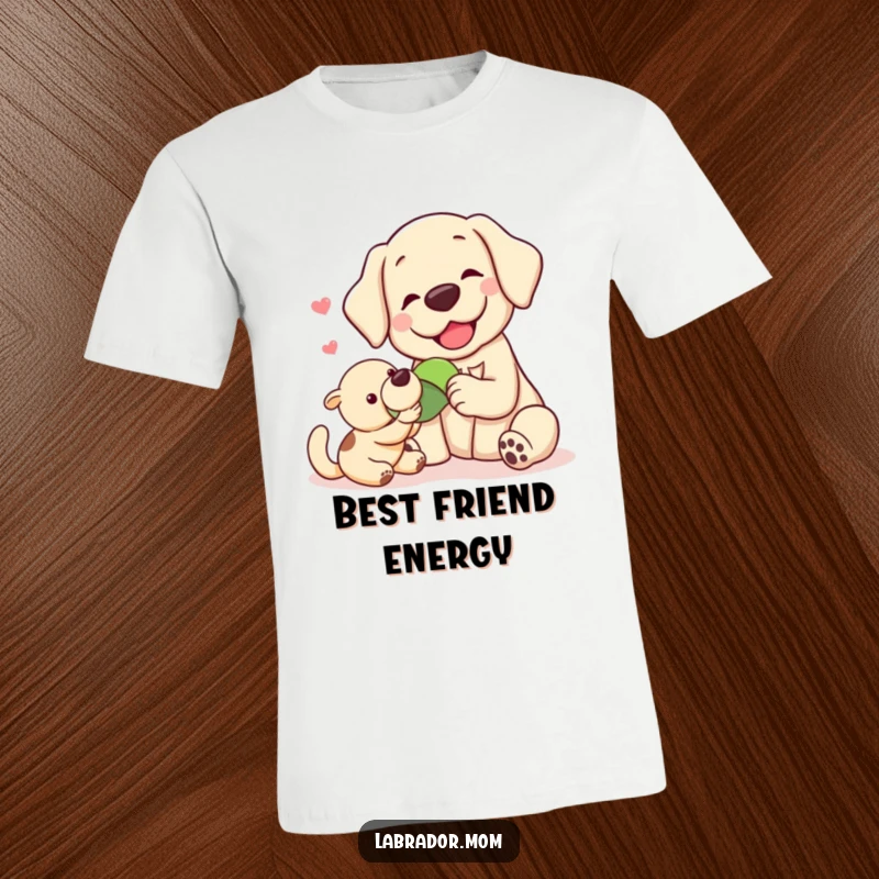 Funny Kawaii labrador generously sharing a toy with a companion animal on this heartwarming and humorous t-shirt.
