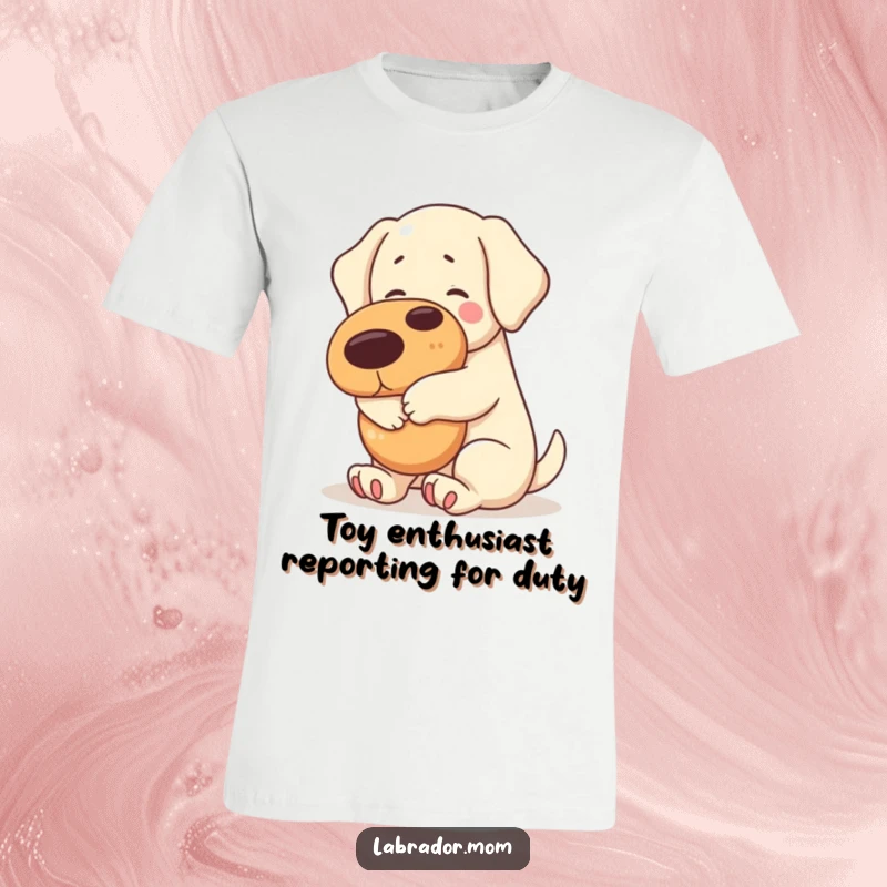 Funny kawaii Labrador dog enthusiastically hugging a large, cartoonish squeaky toy on a soft t-shirt.