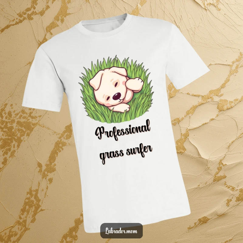 Funny kawaii Labrador dog rolling playfully in soft green grass, printed on a soft and happy t-shirt.