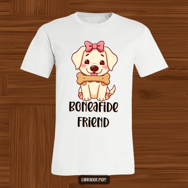 Funny Kawaii Labrador T-Shirt, cute dog with bow offering a juicy bone, friendly and sweet gesture, excellent funny gift.