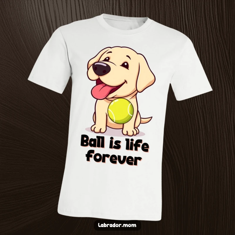 Funny Kawaii Labrador T-shirt, featuring a cute dog panting with its tongue out, holding a slobbery tennis ball, full of fun.
