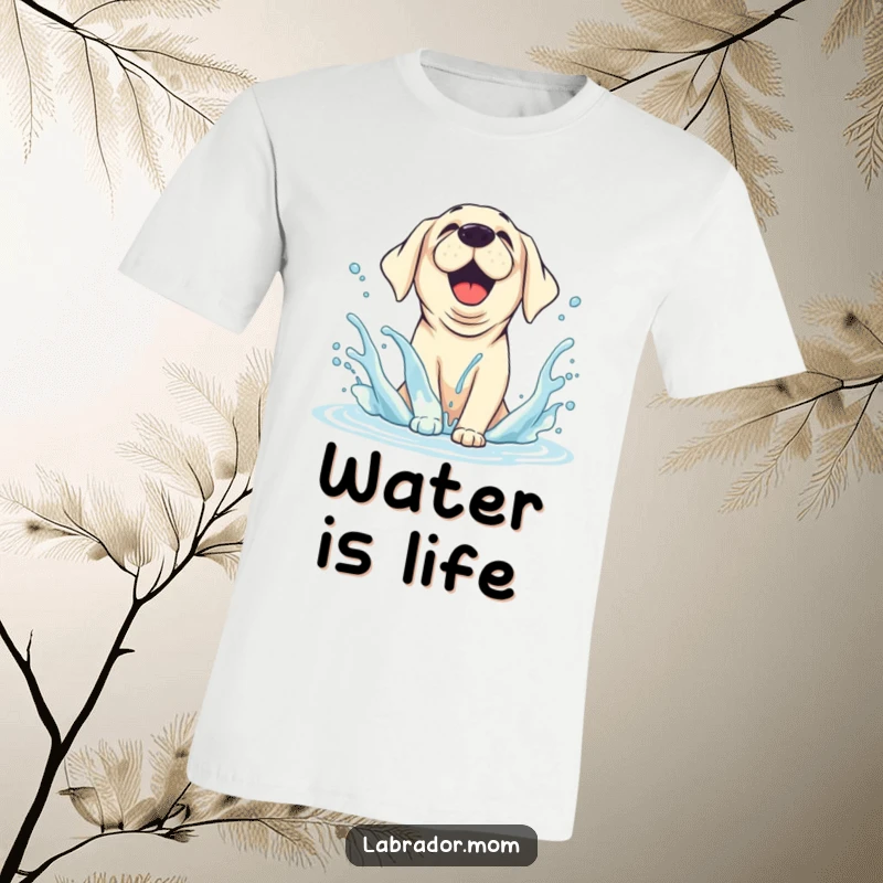 Funny T-Shirt depicting a joyful, animated Labrador enthusiastically splashing water, a perfect image of carefree fun.