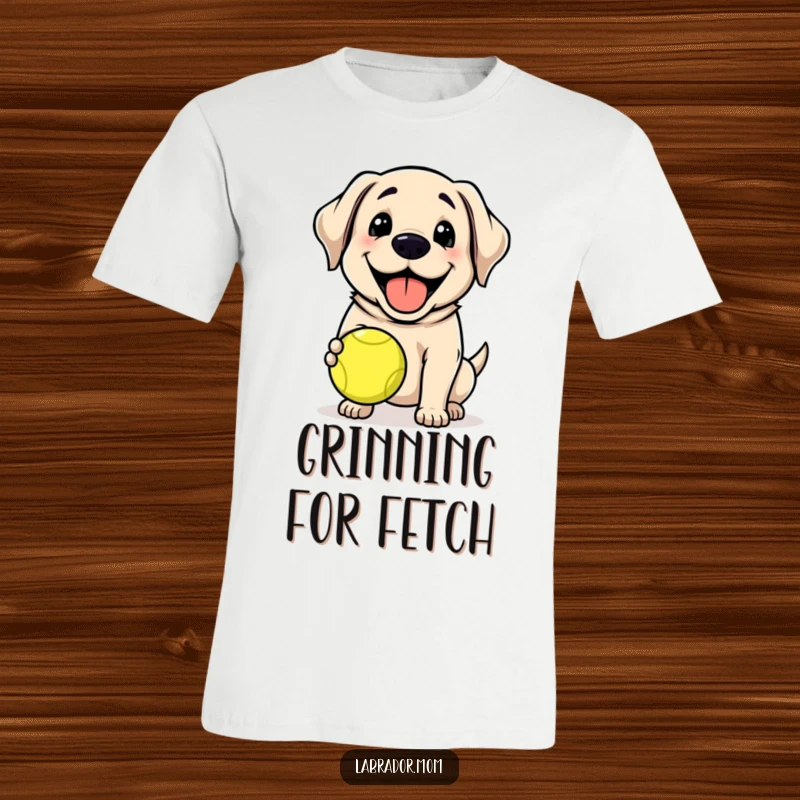 Funny Kawaii Labrador dog with a big grin holding a tennis ball, happy, playful, cute t-shirt.