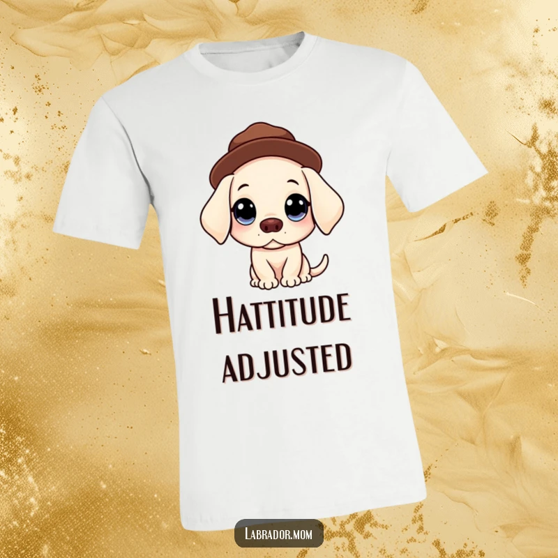 Funny Kawaii Labrador t-shirt of a dog with big, innocent eyes charmingly balancing a hat, radiating sweetness and humor.