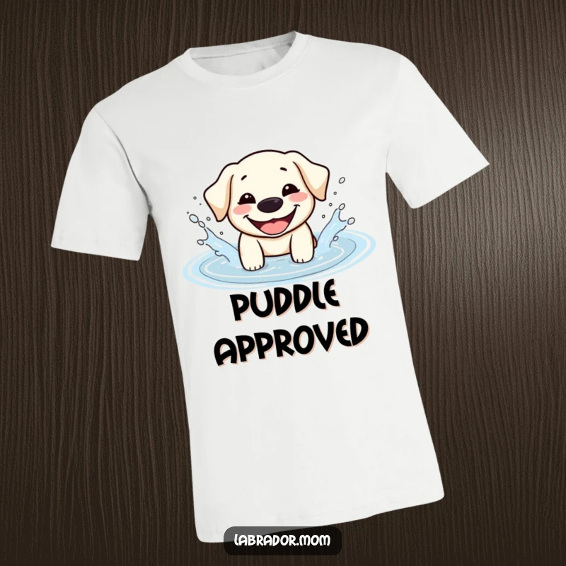Funny Kawaii Labrador t-shirt with a huge grin, happily splashing in a water puddle, capturing a moment of pure canine joy.
