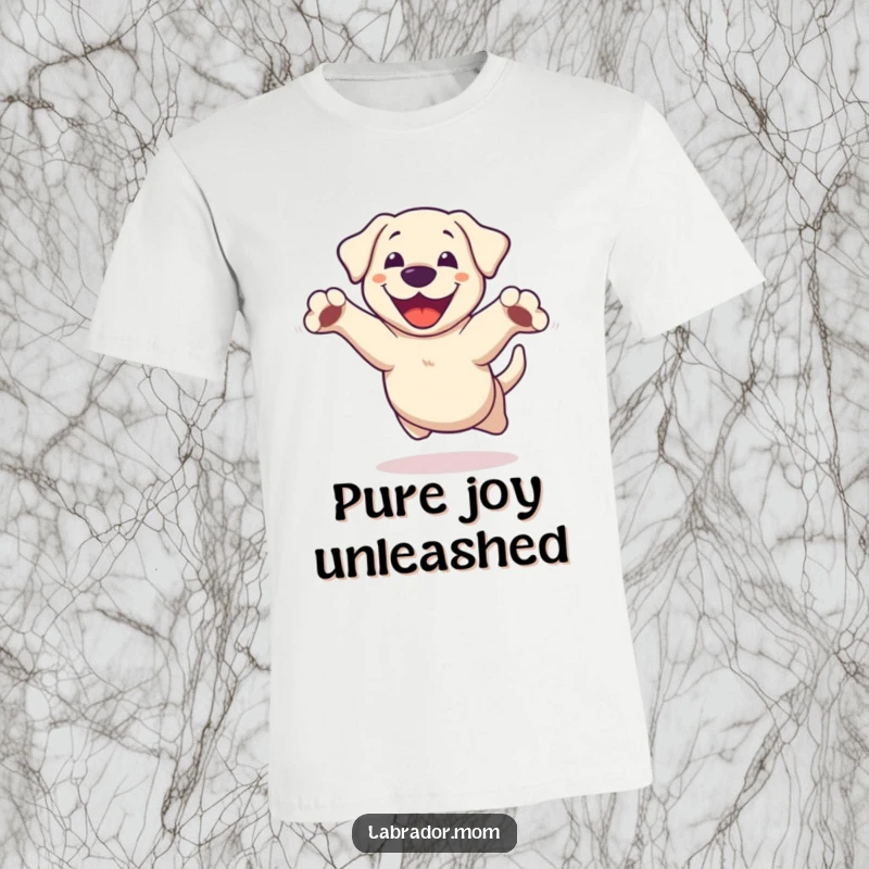 Funny Labrador T-Shirt featuring a kawaii dog mid-leap, paws spread wide in a moment of pure, ecstatic joy.