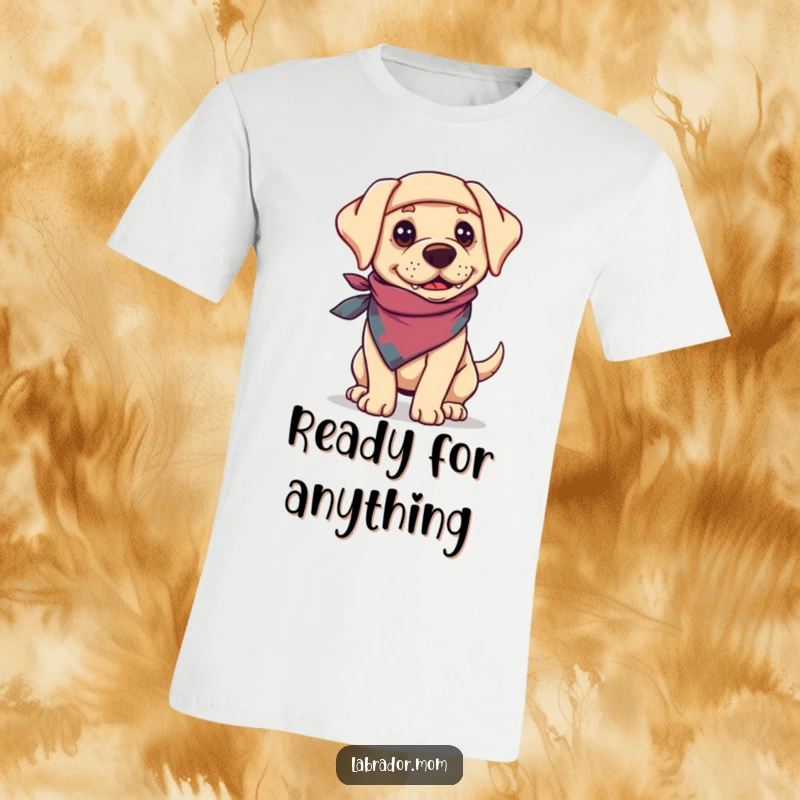 Funny Labrador dog wearing a bandanna, looking adventurous and eager for fun on a comfortable t-shirt.