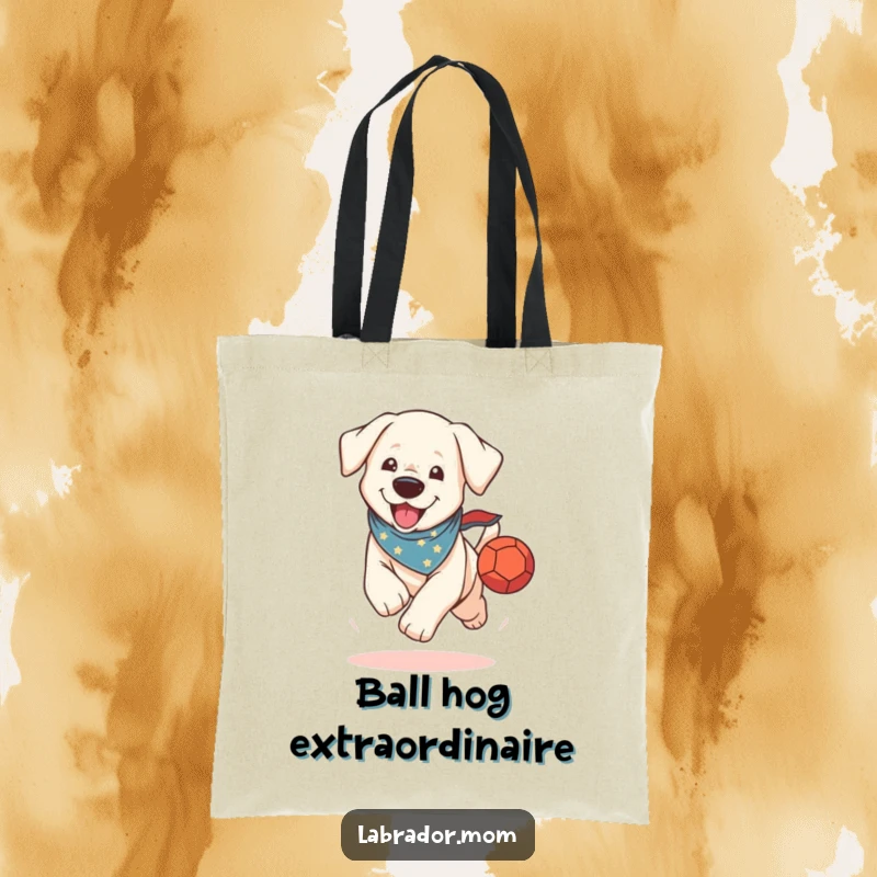 Funny Tote Bag: A kawaii Labrador in a bandana excitedly runs with a ball, perfect for carrying dog essentials.